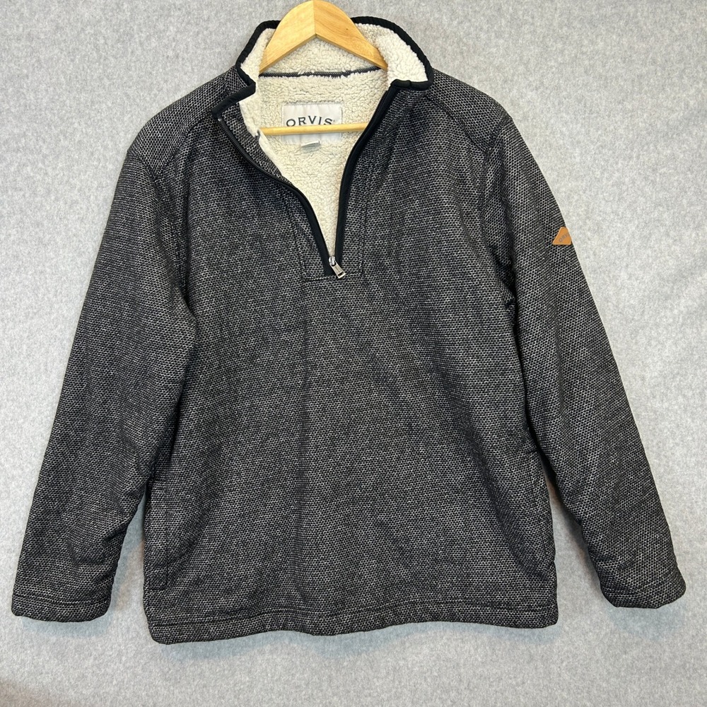 Orvis Mens Medium Pullover Sweater Black Gray Sherpa Lined Quarter Zip Fleece